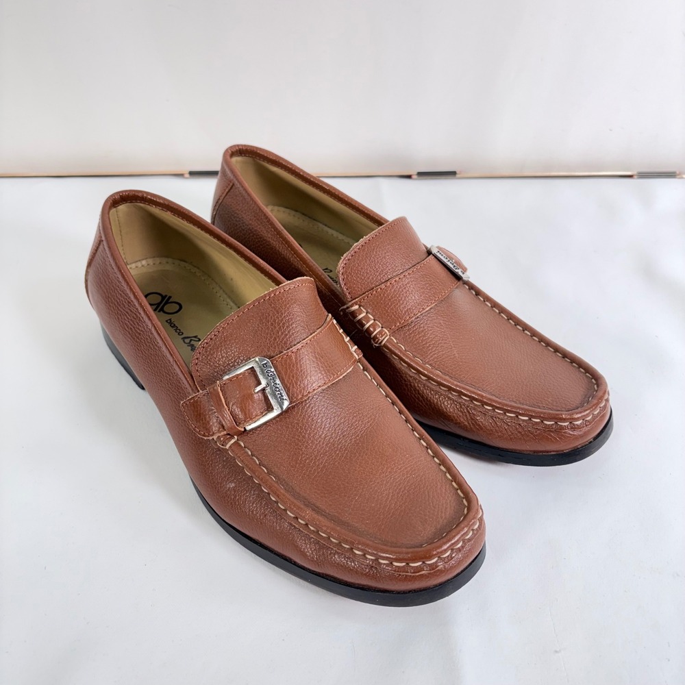 Bianco Brioni Loafers Brown Leather Buckle Moc Toe Mens Dress Shoes Size 9.5